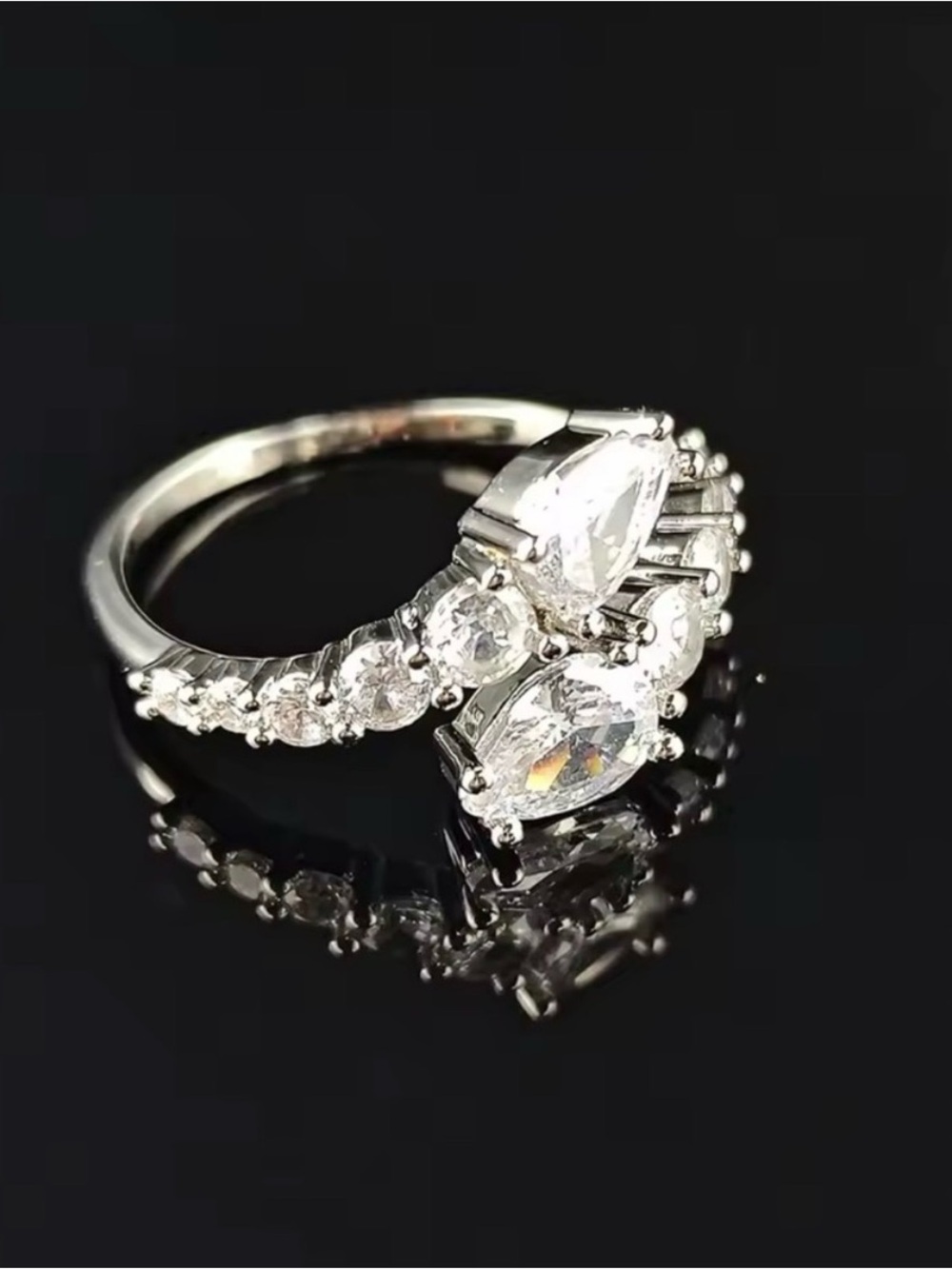 Elegant Adjustable Double Teardrop CZ Ring - Silver/Gold Finish - Picture 4 of 7